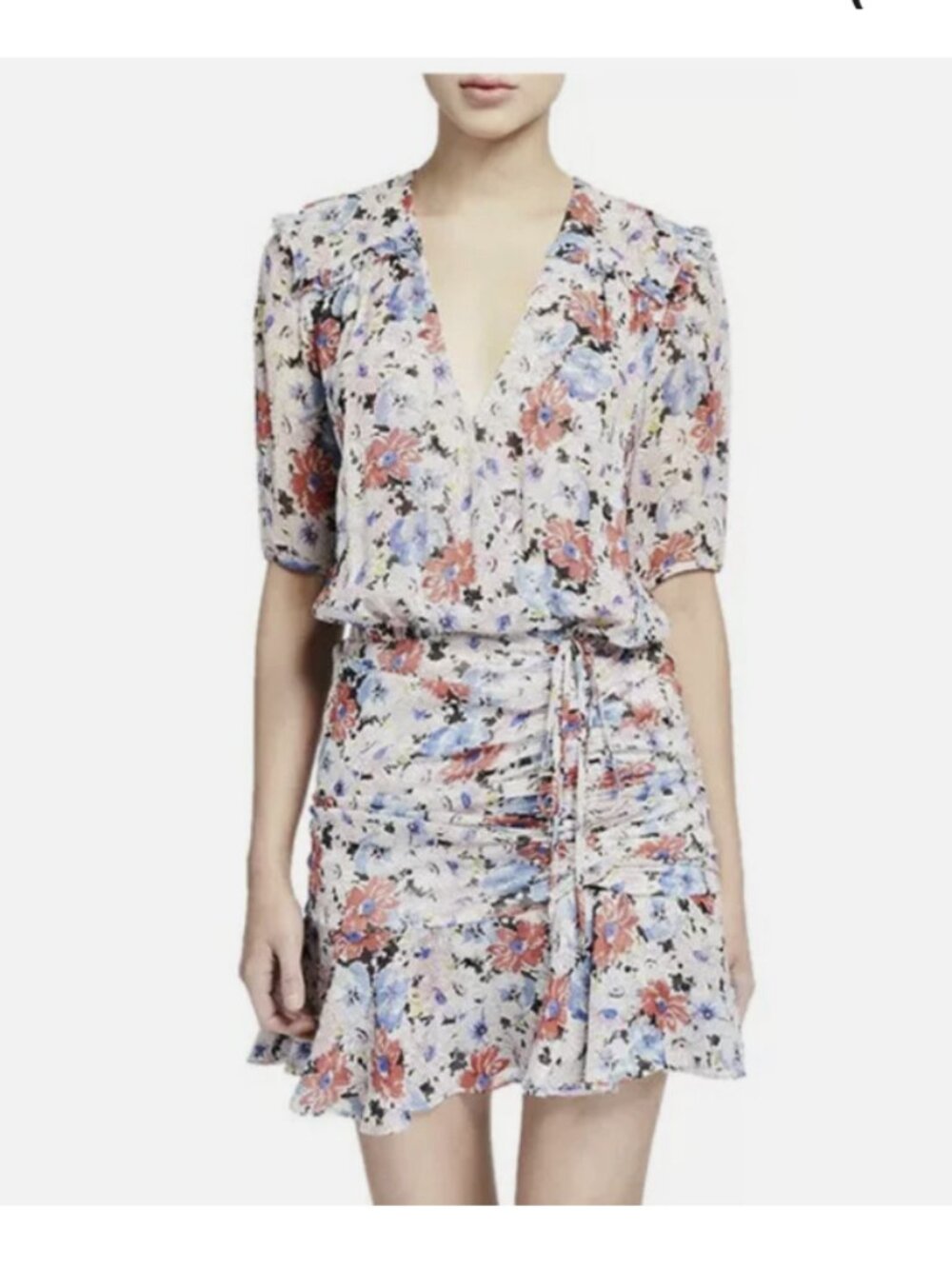 Veronica Beard - Dakota Dress Multi Floral Ruched V-neck - Sz 8